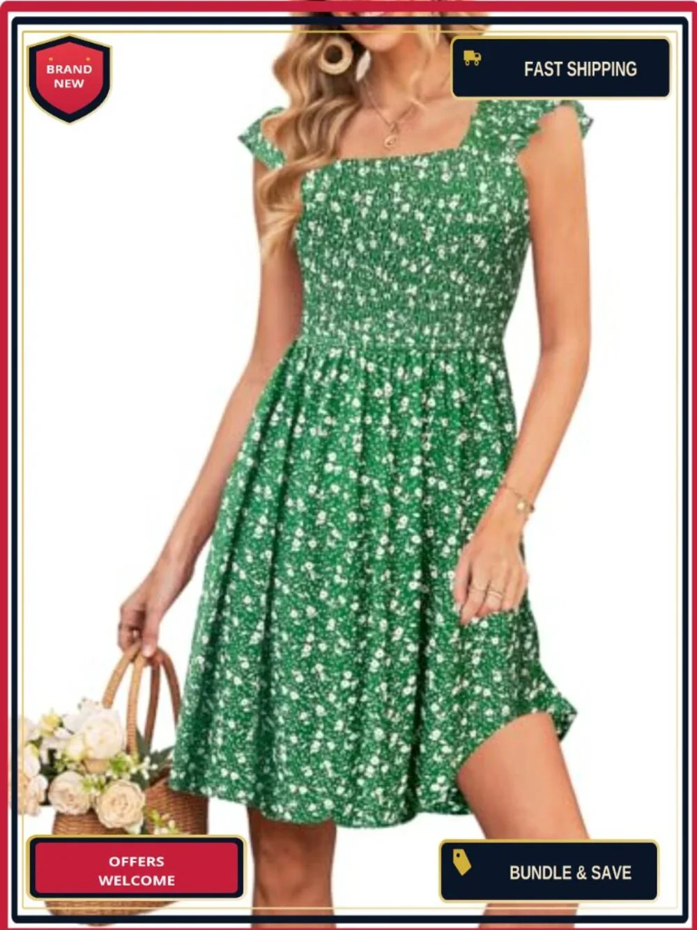 Sleeveless Square Neck Smocked Floral Sundress A-Line Boho Beach Dress